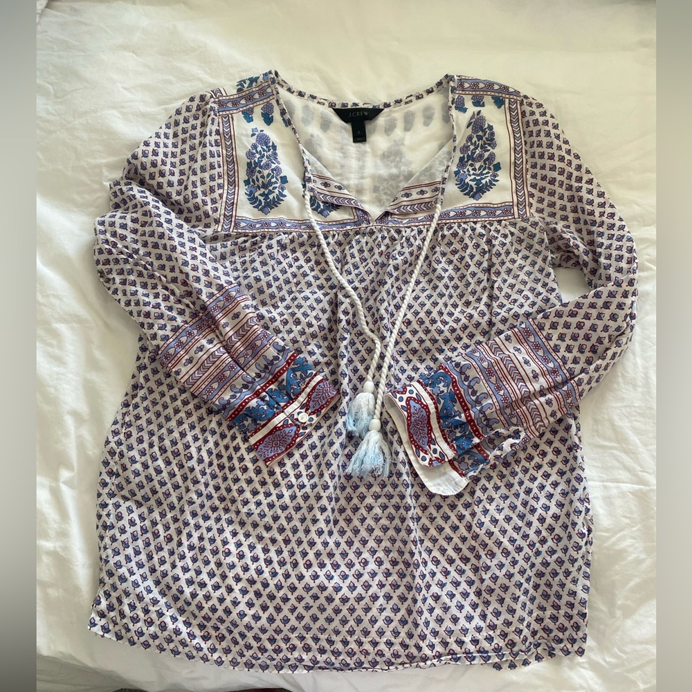 J. Crew Blue and White Patterned Blouse